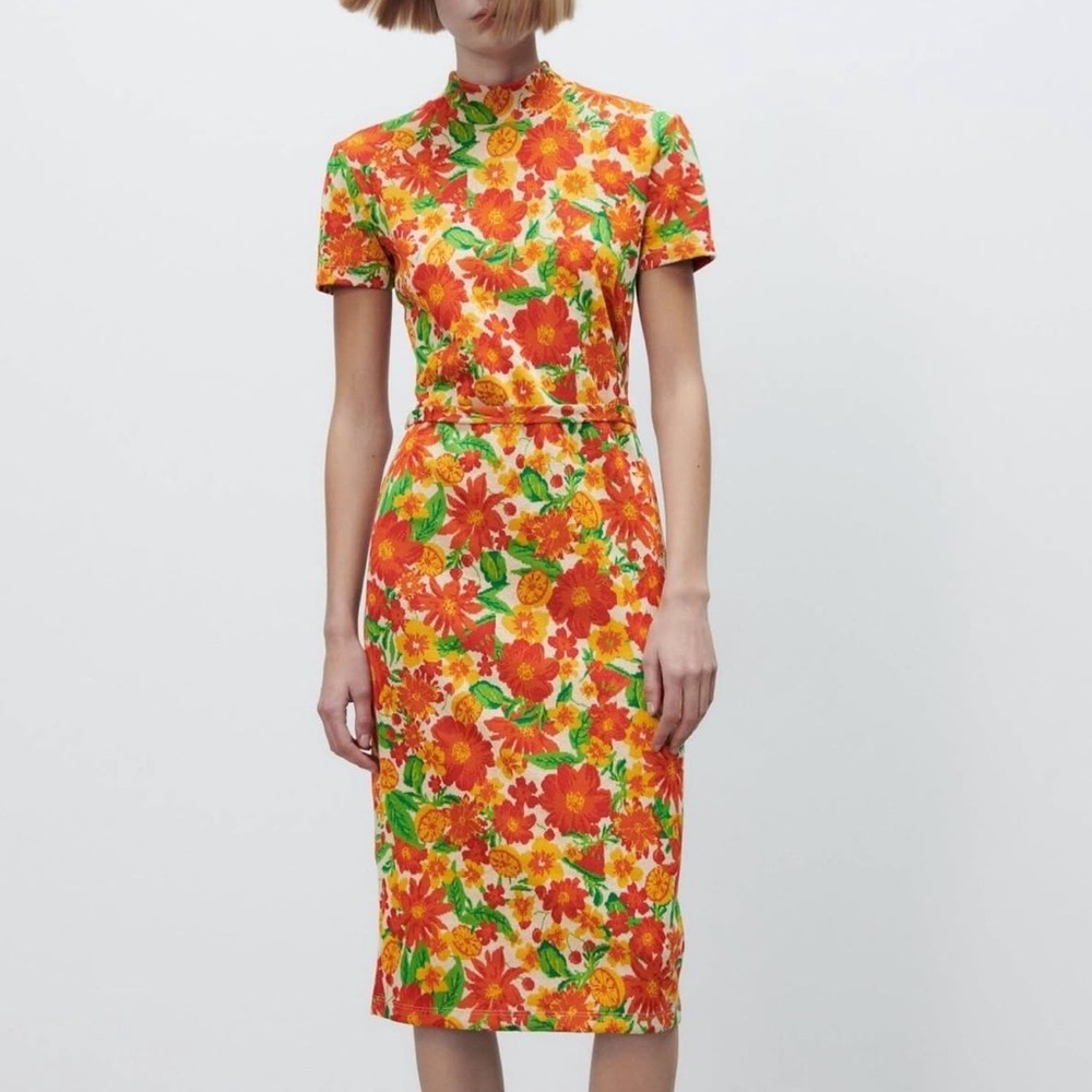 Zara 70's Mod Floral Citrus Print Midi Autumn wedding guest dress mock neck